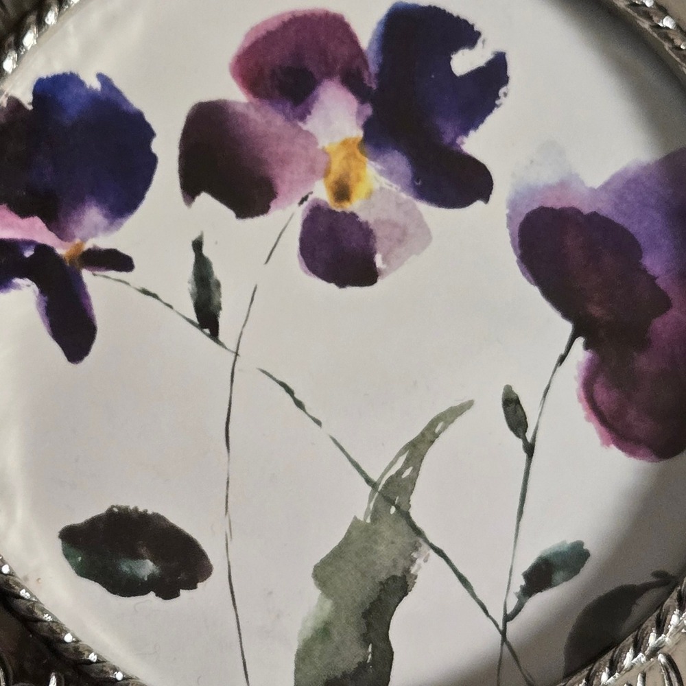 Round Silver Ornate Scrollwork Floral Photo Frame Tabletop Pansy watercolor 4" - Picture 5 of 6